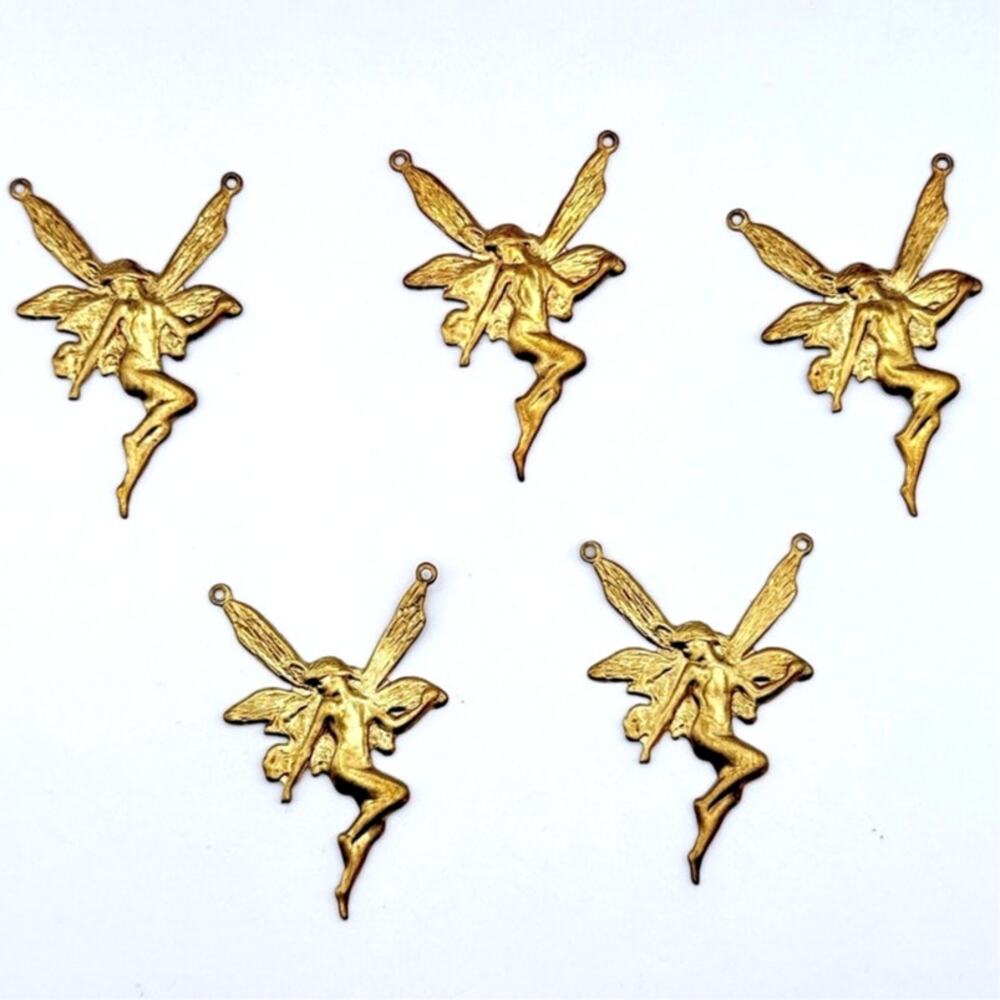 Lot of 5 Fairy Pendants Brass Stamped 10K GP Art Nouveau Jewelry Making Crafting